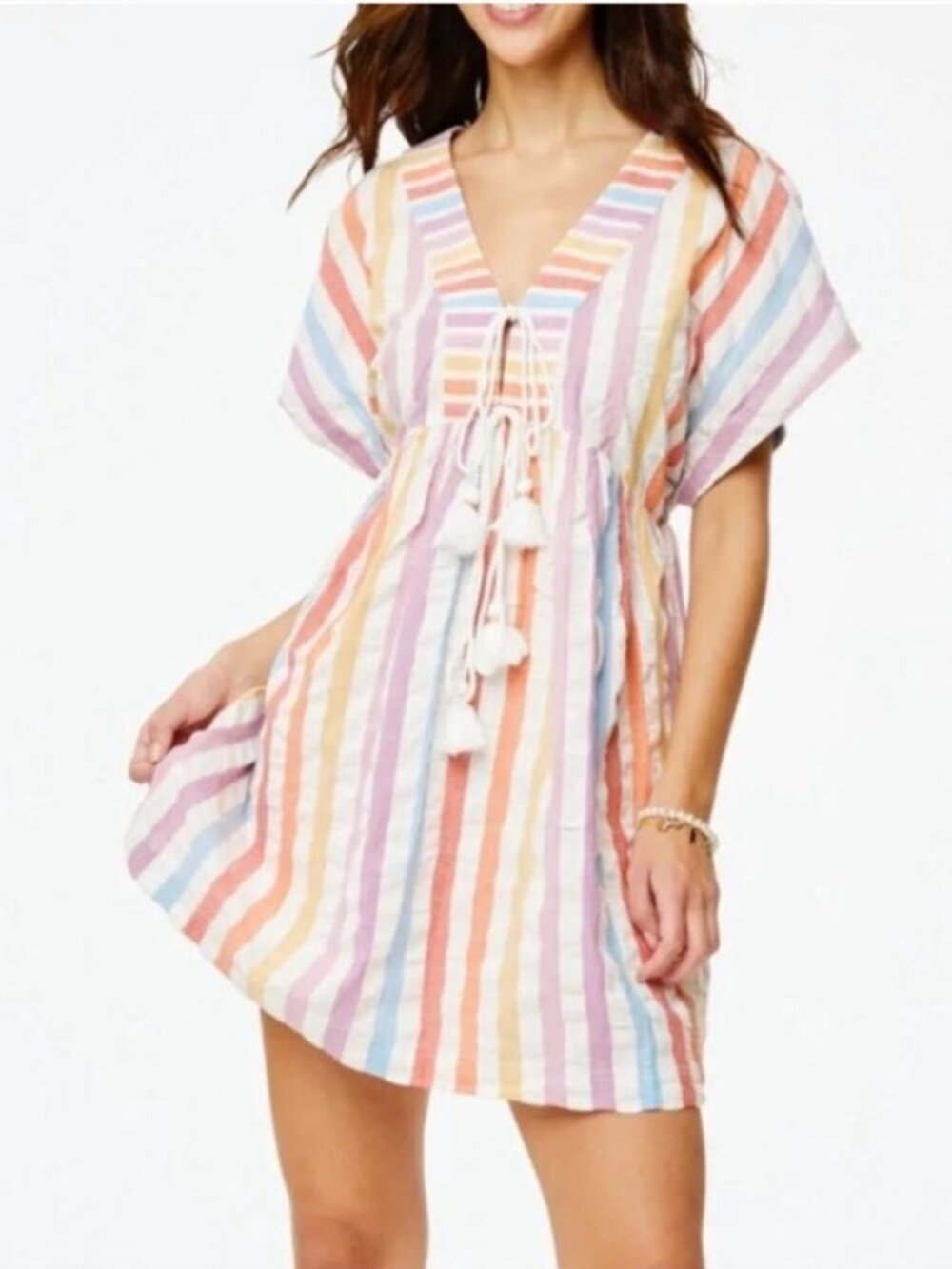 Roller Rabbit Nettie Caftan Rainbow Striped Tassel Dress
